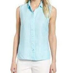 Tommy Bahama Womens 100% Linen Aqua Blue Sleeveless Button Up Blouse Size Large